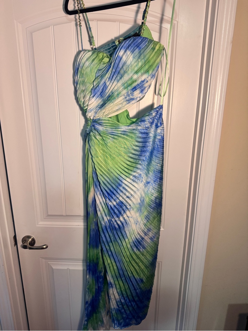 Women's Green and Blue Pleated Cutout Maxi Dress
